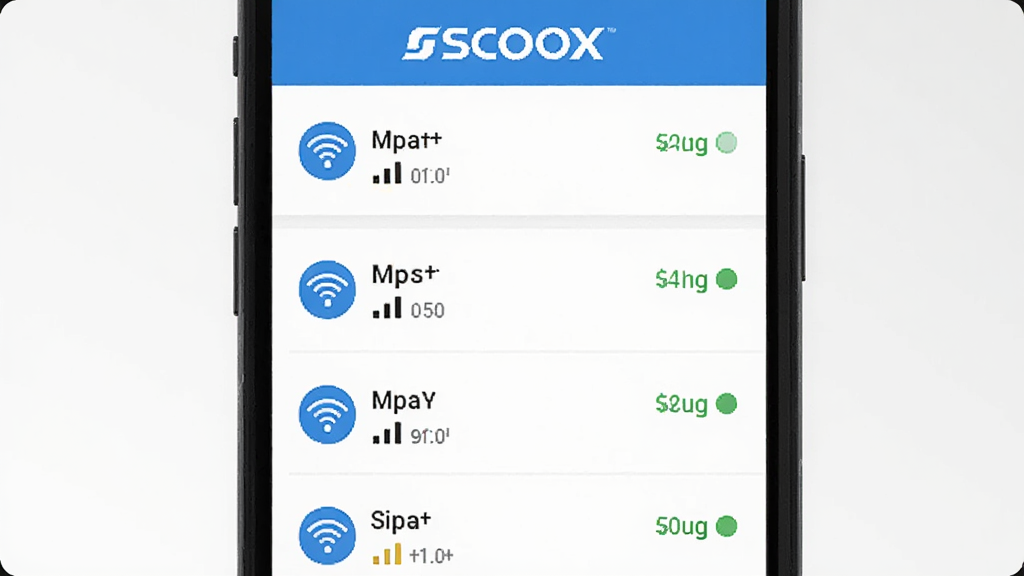 SCOOX����ɨ����棬�ֻ���Ļ��ʾ�ܱ�WiFi�б���ÿ�����������Ա߱�ע�ź�ǿ��ͼ�������״̬��SCOOX��־λ�ڶ�������������ˬ��������ɫ���������룬���ʸɾ��޶���Ԫ��