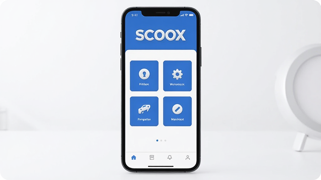 һ��չʾSCOOX�����������ͼƬ�������������ֻ���Ļ����Ļ����ʾSCOOXӦ�õ���ҳ��������������ɫΪ����������SCOOX��Logo���֣��м������ż�������ͼ�갴ť���ײ��Ǽ��ĵ������������ɾ�����������ִ���Լ�������������޶���Ԫ��
