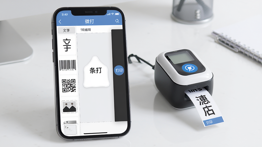 һ��չʾ΢��App���Ľ�����ֻ�����ͼ���ֻ���Ļ��ʾ΢��App�ı�ǩ�༭ҳ�棬��������֡����롢��ά�롢ͼƬ���ز������м��Ǳ�ǩ�������Ҳ��Ǵ�ӡ��ť���ֻ��Ա߷���һ̨С�ɵ�������ǩ��ӡ���������³�һ�Ÿմ�õļ�ǩ�������Ǹɾ���������棬����ִ���Լ�������������޶���Ԫ�ء�