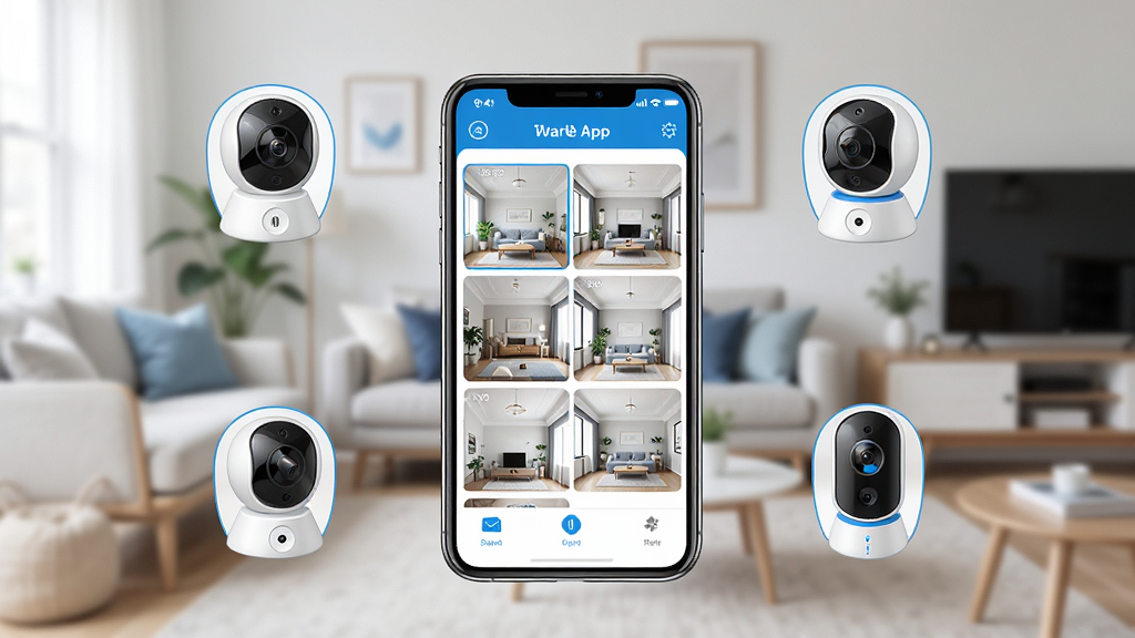 һ��չʾ��ȸApp���Ĺ��ܵĳ���ͼ������������һ�������ֻ�����Ļ����ʾ�ź�ȸApp�ļ�������棬�������ж�����������ͷ��������ͼ�����������������ֻ���Χ��������������ͷ������������豸ͼ�꣬��������ܰ�ļҾӻ���������ִ���࣬ɫ��������Ϊ�������ʸɾ��޶���Ԫ��
