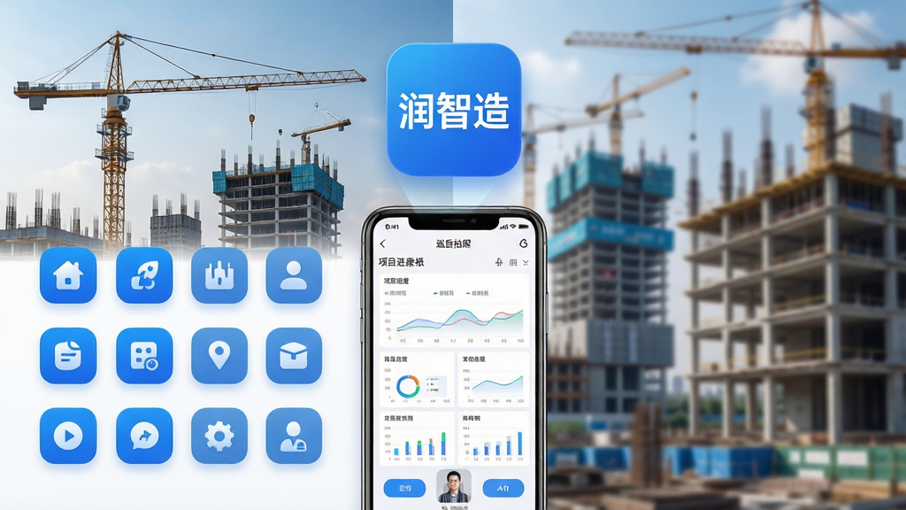 主视觉展示“润智造”应用图标悬浮于现代化建筑工地之上,背景是塔吊与施工中的楼宇,画面中央展现手机屏幕内清晰的项目进度看板与巡检拍照界面,整体布局采用左右分栏,左侧为蓝白主色调的功能图标阵列,右侧为实景工地虚化背景,风格商务科技感,细节突出圆角图标与数据图表,画质高清干净,无多余元素