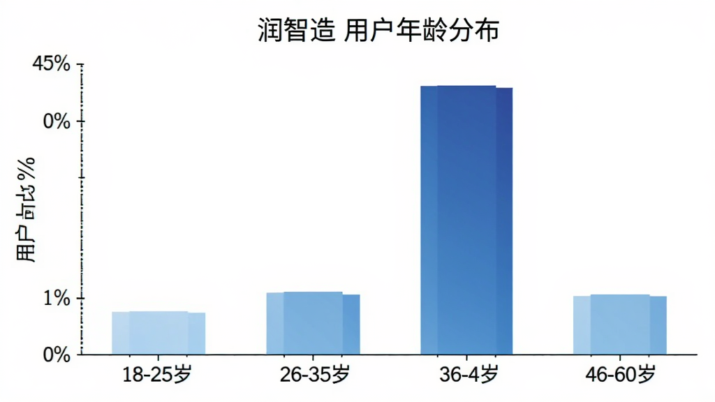 柱状图展示“润智造”用户年龄分布,横轴为18-25岁、26-35岁、36-45岁、46-60岁四个年龄段,纵轴为用户占比百分比,柱体颜色从浅蓝到深蓝渐变,背景为白色,布局居中,风格数据可视化,细节突出26-35岁柱体最高,画质干净,无多余元素
