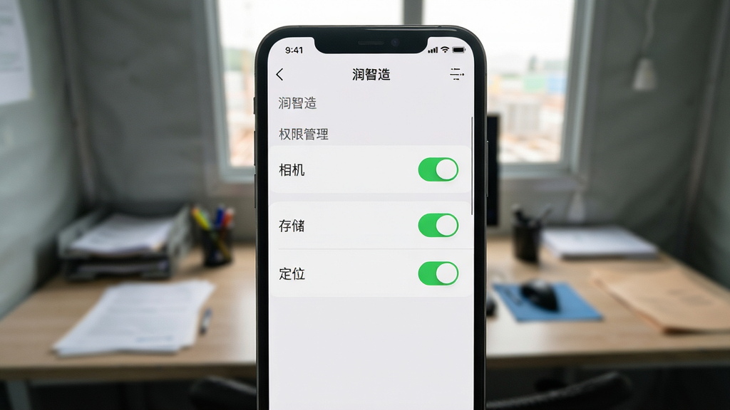 手机屏幕展示“润智造”设置菜单界面,画面中央是权限管理列表,标注“相机”“存储”“定位”三个权限开关,背景为工地临时办公室桌面,布局采用垂直列表式,风格简洁实用,细节突出开关按钮的绿色开启状态,画质清晰,无多余元素