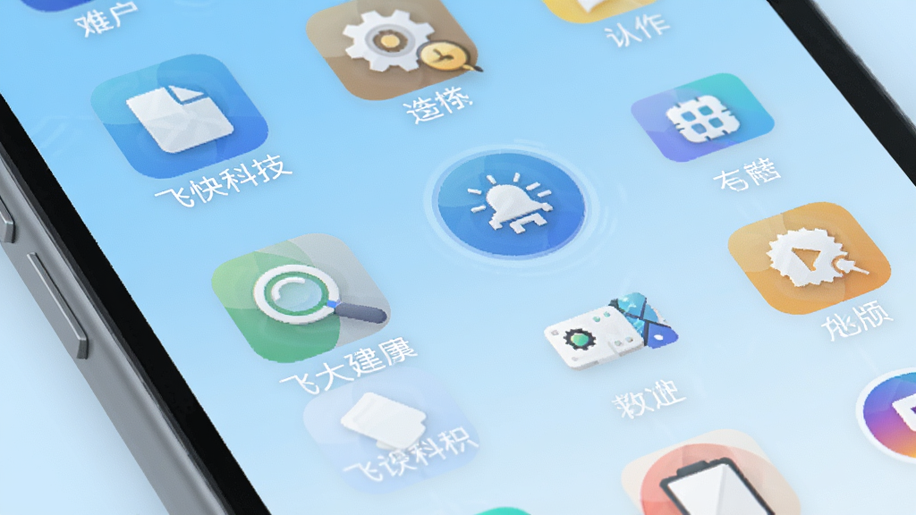 画面主体是“飞快科技”App的功能面板特写,屏幕中展示多个工具图标整齐排列,包括文件图标、齿轮图标、放大镜图标等,图标下方有中文标签,背景为浅蓝色渐变,布局为网格状,风格科技感扁平化,细节清晰锐利,画质干净无多余元素,光线柔和