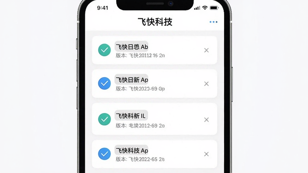 画面主体是“飞快科技”App的更新日志界面截图风格,屏幕中显示版本更新条目列表,每条前面有对勾图标,背景为白色卡片式设计,顶部有“飞快科技”文字标识,布局纵向排列,风格简洁商务,细节清晰,画质干净无多余元素