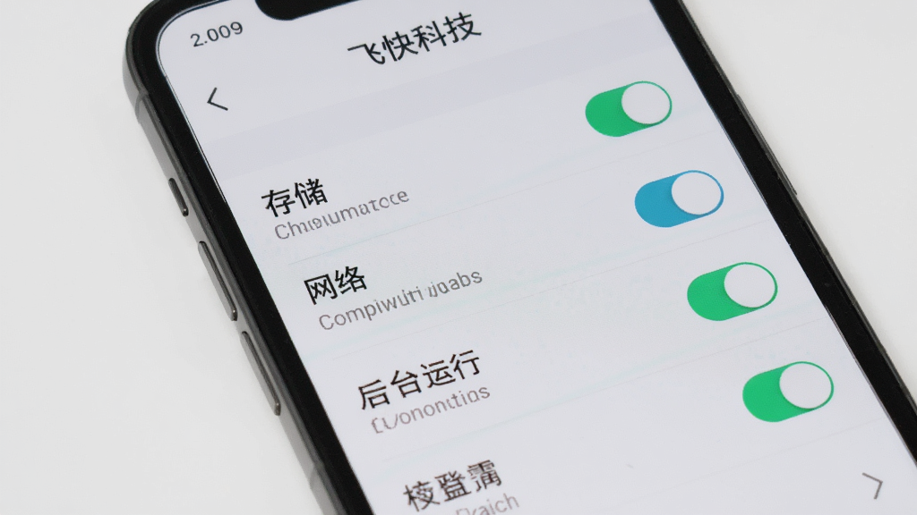 画面主体是手机屏幕显示“飞快科技”App的设置界面,屏幕中展示权限管理列表,包括存储、网络、后台运行等选项,开关按钮清晰可见,背景为浅灰色,布局纵向排列,风格简洁实用,细节锐利,画质干净无多余元素