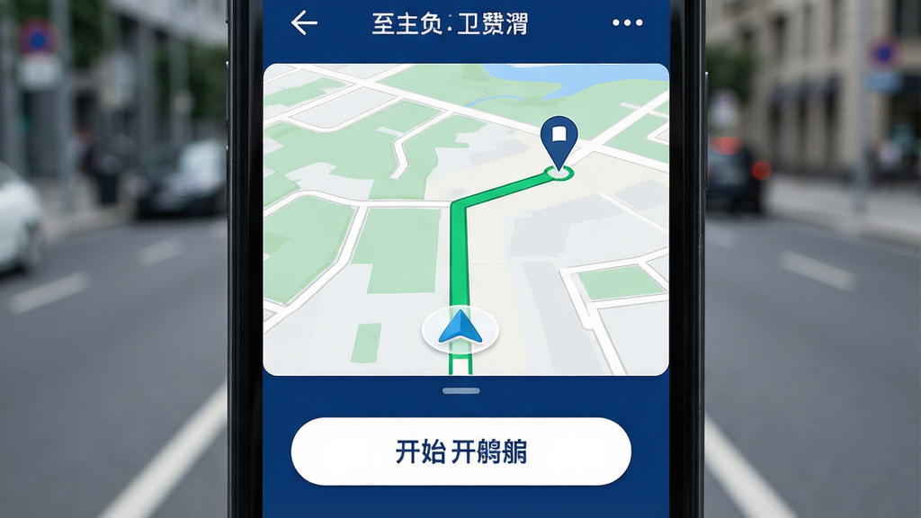 һ���ֻ���Ļ��д����Ļ����ʾ��ȫ�����ǵ���APP�������棬����������ɫ�Ͱ�ɫΪ��ɫ�����м���һ�������ĵ�ͼ��ͼ����������ɫ�ĵ���·�߼�ͷ������յ��ǣ���Ļ�·�����Ŀ�Ŀ�ʼ������ť���������黯�ĳ��е�·�־�������ִ���࣬���ʸɾ��������޶���Ԫ��