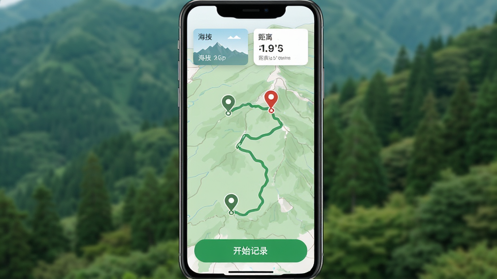��ҰApp������ȫòչʾ���ֻ���Ļ������ʾ���ѵ�ɽ��ͽ���켣��ͼ����ͼ���������յ��ǣ���Ļ�����Ǻ��κ;������ݿ�Ƭ���ײ��п�ʼ��¼��ť��������ģ������ɫɽ����Ƭ��������������Ȼ�����ʸɾ����޶���Ԫ��