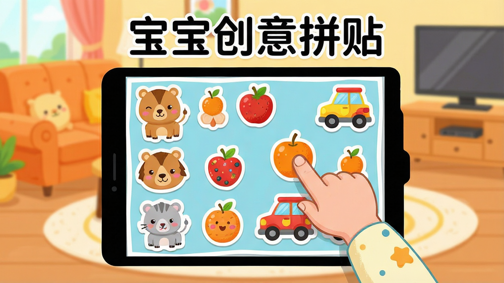 һ��չʾ��������ƴ�����������ͼƬ�����������ǿ�ͨ����ƴ�����壬�����и��ֿɰ��Ķ��ˮ������ͨ������ֽ��һ��С����������ָ��ק��ֽ�������ϣ���������ܰ�ļ�ͥ�������������������Ķ�ͯ�廭�磬�����������ɾ����޶���Ԫ�أ�ͼƬ�����ֱ�ע����������ƴ����