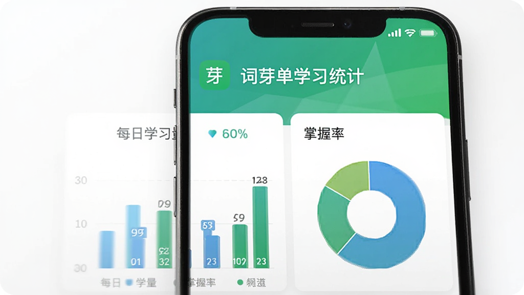 ��ѿ����ѧϰ����ͳ��ҳ�棬����չʾһ���ֻ���Ļ����Ļ���Ǵ�ѿ���ʵ�����ͼ��ҳ�棬����״ͼ�ͱ�ͼչʾÿ��ѧϰ���������ʣ���ɫ����ɫ����ɫΪ����������ִ������ʸɾ����޶���Ԫ��