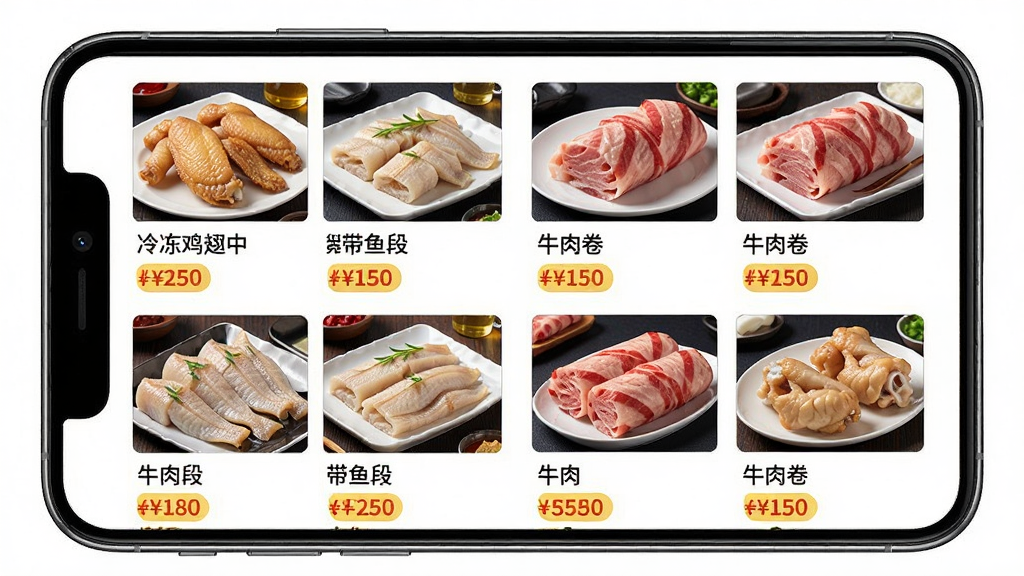 һ��չʾ��Ʒ��APP��Ʒ�б�ҳ���ͼƬ�������������ֻ���Ļ����Ļ����ʾ�Ÿ��ֶ�Ʒ��Ʒ��ͼƬ�����ƣ��硰�䶳�����С���������Ρ�����ţ������ȣ���Ʒ�������У�����Ϊ���������Ű���������������죬ϸ������ƷͼƬ���ˣ��۸��ǩ���ԣ����ʸɾ����޶���Ԫ�ء�