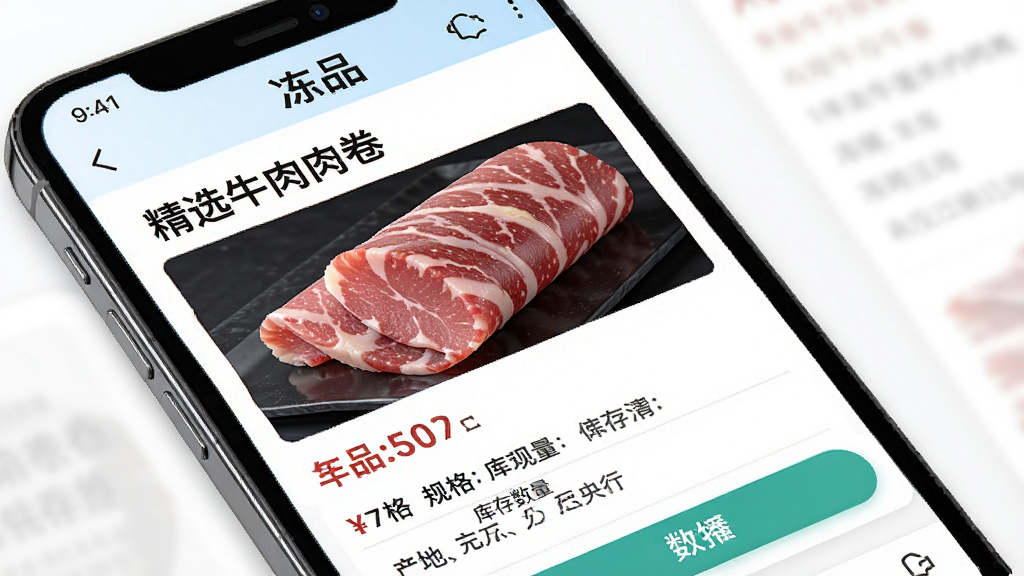 һ��չʾ��Ʒ��APP��Ʒ����ҳ���ͼƬ�������������ֻ���Ļ����Ļ����ʾ��һ�Ʒ���硰��ѡţ�����������ϸ��Ϣ�����������ͼ���۸񡢹�񡢿�����������صȣ������������Ű���������רҵ��ϸ��������չʾ��ȷ����ť��Ŀ�����ʸɾ����޶���Ԫ�ء�