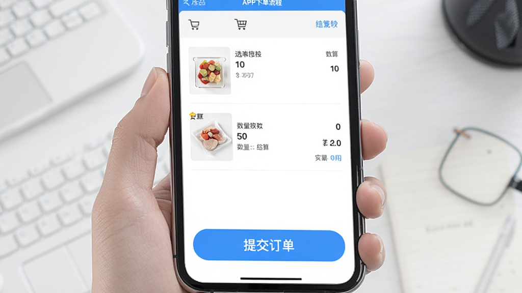 һ��չʾ��Ʒ��APP�µ����̵�ͼƬ�������������ֻ���Ļ����Ļ����ʾ�Ź��ﳵ�ͽ���ҳ�棬��Ʒ��ѡ�ã�������ȷ���ײ��С��ύ��������ť�������������Ű��࣬������ã�ϸ���ϰ�ť�����Ŀ�����ʸɾ����޶���Ԫ�ء�
