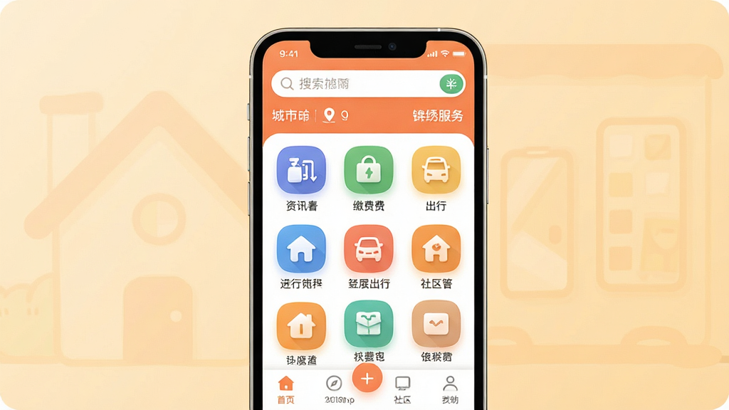 ��ͼ��������App����ȫòչʾ�������������ֻ���Ļ����Ļ����ʾ�����������棬����Ϊ������ͳ��ж�λ���в�Ϊ�������ͼ�����񣬰�����Ѷ���ɷѡ����С�������ͼ�꣬�ײ�Ϊ������������Ϊ��ܰ��ǳůɫ��������ִ���ƽ����ϸ��Բ�󣬻��ʸɾ��������޶���Ԫ��