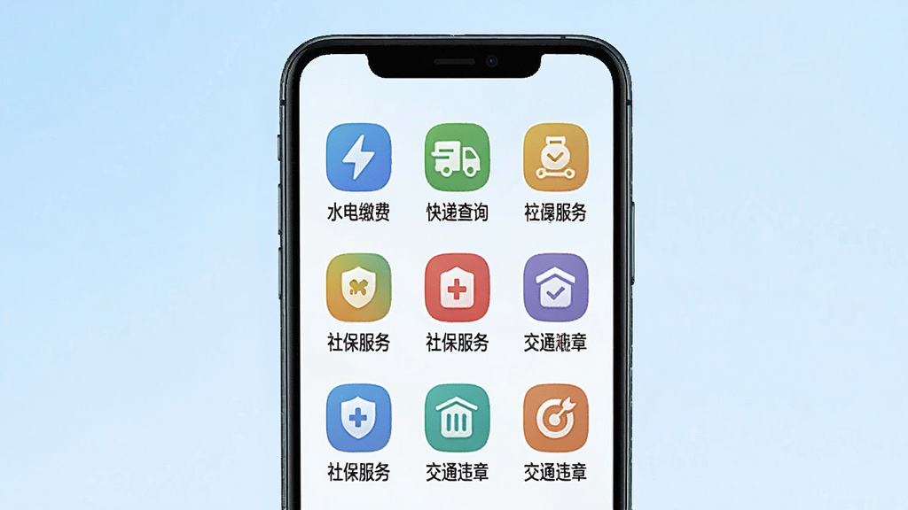 ����չʾͼ�����������񹤾߾ۺ�ҳ�棬�����������ֻ���Ļ����Ļ������������ˮ��ɷѡ���ݲ�ѯ���籣���񡢽�ͨΥ�µȲ�ɫͼ�꣬ͼ���·������������ı�ǩ������Ϊǳ��ɫ���䣬��������죬���ʸɾ��޶���Ԫ��