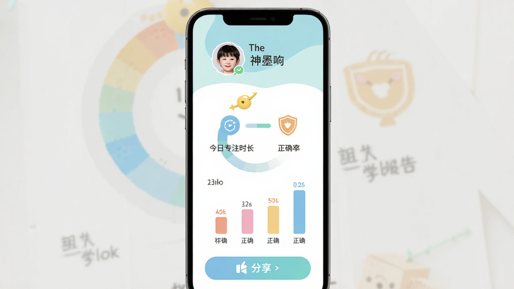 ��ī����ѧϰ����ҳ�棬�ֻ�������ʾ��ɫ����ͼ������״ͼ���Ϸ��к���ͷ����ǳƣ��м���ͼ������ֱ�ע����רעʱ������ȷ�ʣ��·��з�����ť��������ɫ������£��������������ʸɾ��޶���Ԫ��