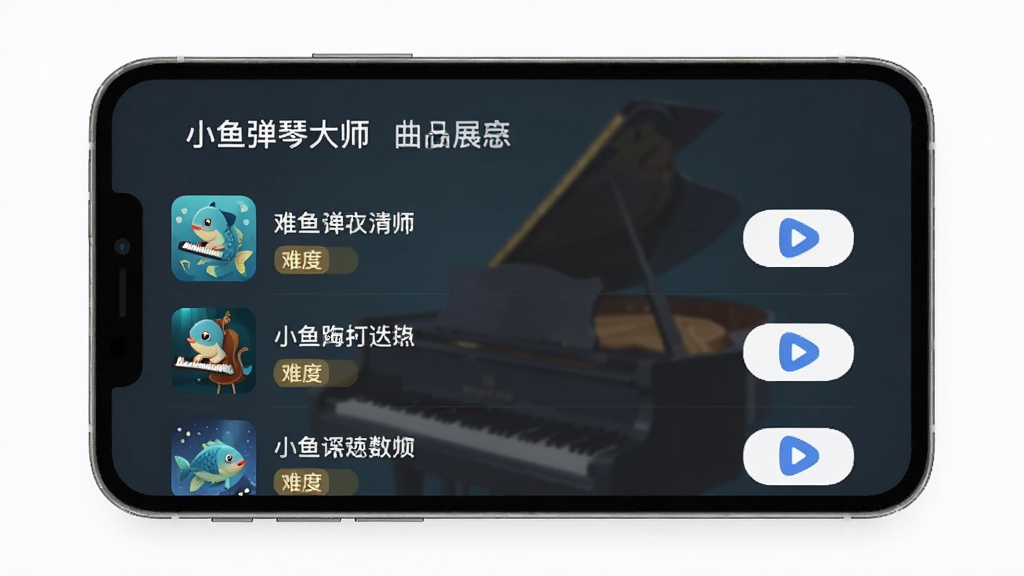 һ�š�С�㵯�ٴ�ʦ��App������ҳ��չʾͼ���������г����׸������ƣ�ÿ�׸��Ա����Ѷȱ�ǩ�Ͳ��Ű�ť�������Ű����룬����ִ���ƽ�����ʸɾ����޶���Ԫ��
