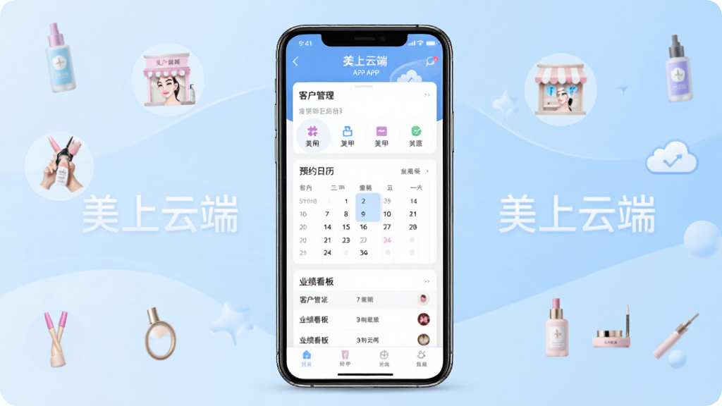 һ��չʾ�����ƶ���������ȫò�ĺ������ͼ�������������ֻ���Ļ��ʾ�����ƶ�APP�����棬��������ͻ�������ԤԼ������ҵ������������Ҫģ�飬�����ǵ���ɫ���䣬��Χ����������Ժ�����׵ꡢ��ױƷ��Сͼ�꣬�����������ִ������ʸɾ��������޶���Ԫ�أ�ͼƬ�д������֡������ƶˡ�