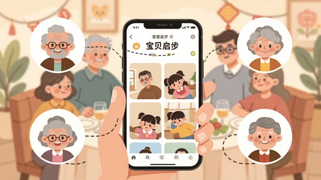 һ�ż�ͥ���������Ĳ廭��������һ���ֻ���Ļ��ʾ�������������ļ�ͥ�����棬��Ļ��Χ����λ������ͷ��ͼ��ͨ���������ӵ��ֻ���Ļ����ʾ������ϵ����������ܰ�ļ�ͥ�ۻ᳡�������Ϊ��ƽ��ʸ���廭��ɫ����ͣ����ʸɾ����޶���Ԫ�ء�