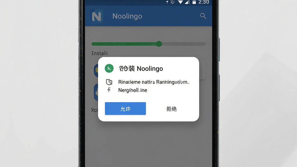 Noolingo Ӧ�ð�װ����ʾ��ͼ���������ֻ���Ļ����Ļ����ʾ�� Noolingo �İ�װ��������Ȩ�����󵯴����С��������͡��ܾ�����ť�������Ǿ��е�����ƣ�����ǰ�׿ԭ�� Material Design ���ϸ���ϵ�����Բ����Ӱ�����ʸɾ����޶���Ԫ�أ�������Ⱦ��