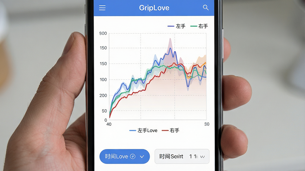 GripLove����ͼ������չʾ������Ϊ�ֻ���Ļ����Ļ��ʾ������ͬ��ɫ������ͼ���ֱ�������ֺ����������仯���ƣ�����Ϊ���½ṹ���Ϸ�Ϊͼ�������·�Ϊʱ��ɸѡ��ť�����Ϊ�ִ����ݿ��ӻ���ϸ�ڰ��������ߺ�ͼ����ǩ�����ʸɾ��޶���Ԫ�أ���Ļ�����ְ���