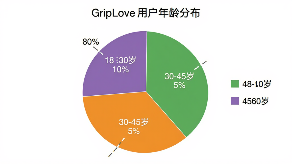 GripLove�û�����ֲ���״ͼ������ΪԲ�α�ͼ������Ϊ���У��Ű����ͼ���Ͱٷֱȱ�ǩ�����Ϊ��ƽ�����ݿ��ӻ���ϸ�ڰ�����ͬ��ɫ����������18-30�ꡢ30-45�ꡢ45-60����������Σ����ʸɾ��޶���Ԫ�أ�ͼ�����ְ���