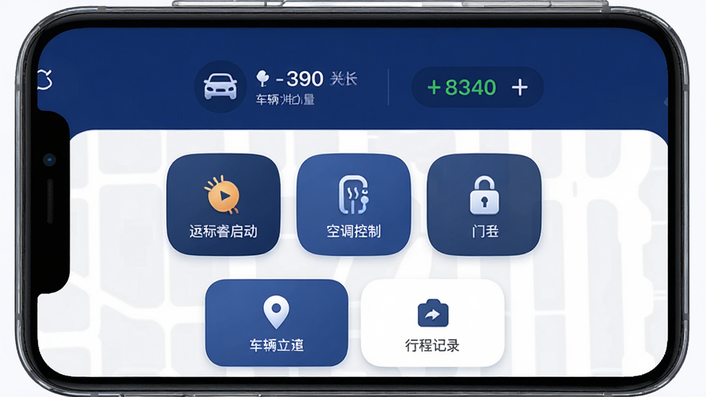 һ��չʾ���ͨ�ֻ�App�������ͼƬ����������������ɫ���ɫΪ���ĳ���Զ�̿�����壬������ʾ����״̬��ʣ��������м���Զ���������յ����ơ�������������ͼ�갴ť���ײ��ǳ�����λ���г̼�¼��ڣ�������ִ���ͼ��Բ�����������ʸɾ��޶���Ԫ��