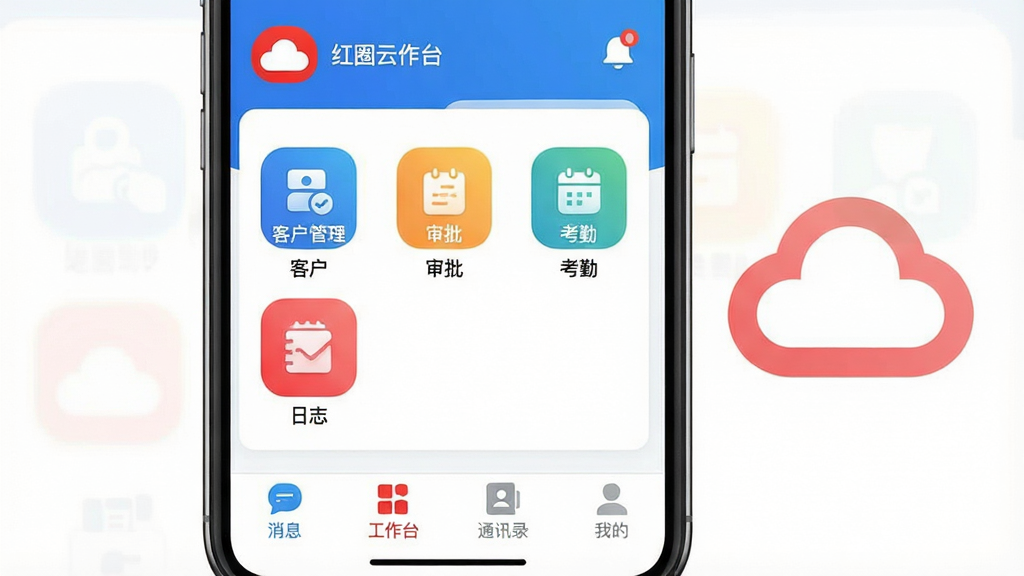 һ��չʾ��Ȧ��App���Ľ�����ֻ���Ļ��ͼ�����������Ǻ�Ȧ�ƵĹ���̨ҳ�棬�Ϸ���ʾ��ҵ���ƺ���Ϣ֪ͨͼ�꣬�м������ſͻ����������������ڡ���־�Ȳ�ɫ����ͼ�꣬�ײ�Ϊ��Ϣ������̨��ͨѶ¼���ҵ��ĸ�ѡ���������������������ɫΪ����ͼ��Բ�����������ʸɾ��޶���Ԫ�أ���Ļ�Ա߿��Է�һ����͸���ĺ�ɫԲȦ�ƶ�Logo��Ϊ��׺��