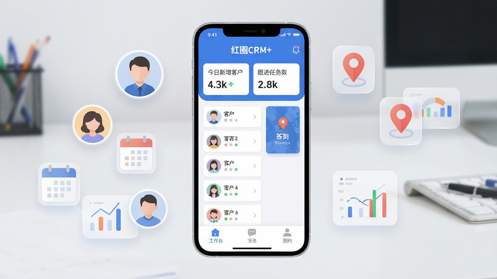 ����������һ�������ֻ�����Ļ������չʾ����ȦCRM+��Ӧ�������棬������������ɫΪ����������ʾ���������ͻ����͸��������������в��ǿͻ��б���Ƭ�͵�ͼǩ����ڣ��ײ�Ϊ����̨����Ϣ���ҵ�����������ǩ���ֻ���ΧƯ���ſͻ�ͷ������ͼ�ꡢ��λͼ��������ͼ���Ȱ�͸��Ԫ�أ������Ǽ��İ칫�����档�������ִ���ƽ��ϸ��Բ�󣬻��ʸɾ��������޶�������Ԫ�ء�