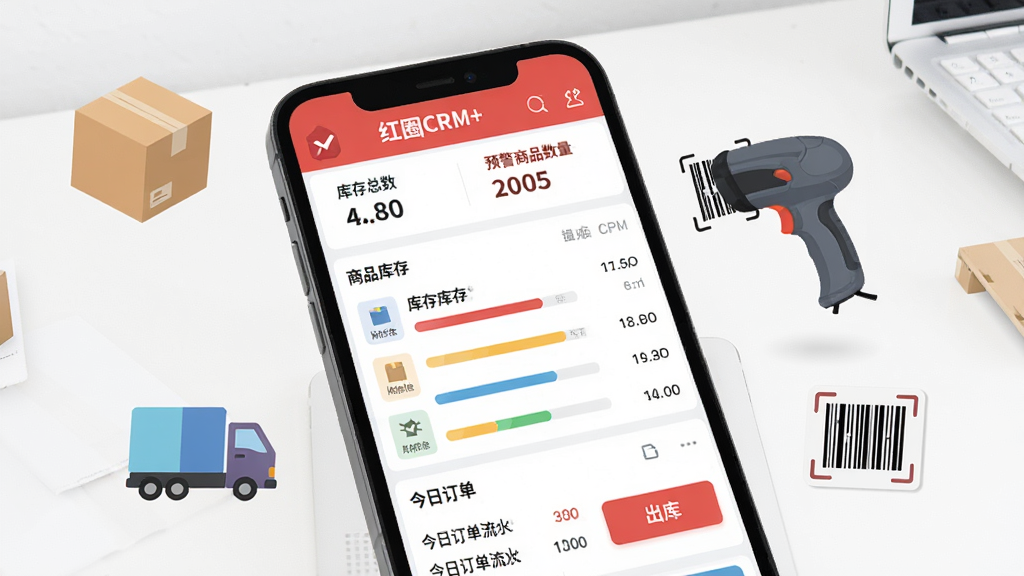 �������һ���ֻ���Ļ��д����Ļ����ʾ����ȦCRM+���Ľ����濴����棬�Ϸ��ǿ��������Ԥ����Ʒ�������м�����Ʒ�б����п�������·��ǽ��ն�����ˮ�ͳ��ⰴť����Ļ�Ա�Ư����ֽ�䡢ɨ��ǹ��������������ͼ�꣬�����Ǹɾ��İ�ɫ���档����ִ���ƽ�����������������޶���Ԫ�ء�