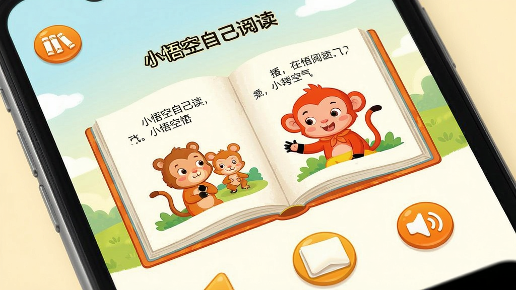 һ��չʾ��С����Լ�����App�ڻ汾�Ķ�������ֻ���дͼ���������ֻ���Ļ����Ļ����ʾһ���򿪵Ķ�ͯ�汾���������п�ͨ����ͼ����֣��·��з�ҳ��ͷ�ͷ���С����ͼ�꣬���涥���з�����ܰ�ť�����Ϊ��ܰ�Ķ�ͯ�廭�磬����������ϸ�ڸɾ�������������
