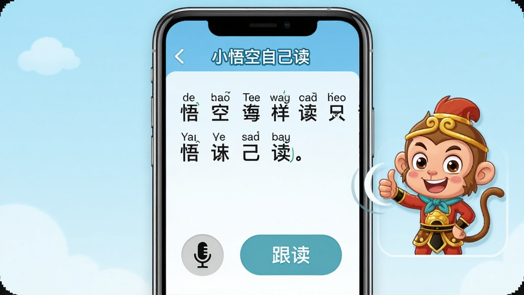 һ��չʾ��С����Լ�����App�������ܽ�����ֻ�ͼ���������ֻ���������Ļ����ʾһ�δ�ƴ���Ķ�ͯ�������֣������·�����˷�ͼ��͡���������ť���Ա��п�ͨС��������Ĵָ�ķ������������Ϊ���õĶ�ͯ�����磬���ּ�࣬ϸ�����������ʸɾ���