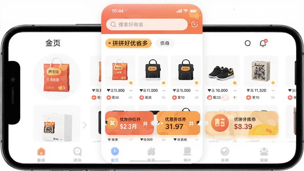 ƴƴ����ʡ�� �ֻ�Ӧ��������չʾ ������һ�������ֻ���Ļ ��Ļ����ʾƴƴ����ʡ��APP����ҳ ������������ �м�����Ʒ�б����Ż�ȯ��ǩ �ײ��е����� �������� �Ű��� ����ִ���ƽ�� ϸ��Բ�� ���ʸɾ� �޶���Ԫ��
