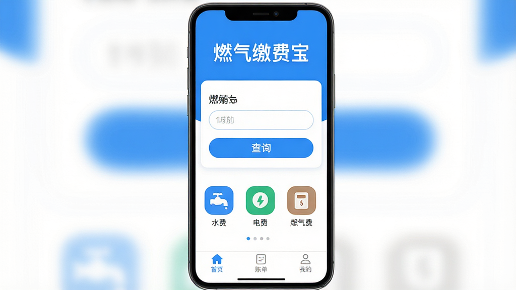 ȼ���ɷѱ�Ӧ�������棬�ֻ���Ļ����չʾ��������ʾ��ȼ���ɷѱ�����ɫ���ֱ��⣬�м�����Ŀ��ȼ���ɷ������Ͳ�ѯ��ť���·�������ˮ�ѡ���ѡ�ȼ������������ͼ�꣬�ײ�������Ϊ��ҳ���˵����ҵ�����ѡ����岼�ּ��������������ɫΪ�����ִ���ƽ����Ʒ��ͼ��Բ�󣬻��ʸɾ��޶���Ԫ�أ�UI�����ͼ���