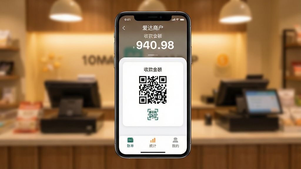 һ���ɾ�������ֻ���Ļ���棬����λ����ʾ�������̻���APP�������棬���涥������Ŀ���տ������֣��м����տ��ά���ɨ��ͼ�꣬�ײ����˵���ͳ�ơ��ҵ�������Լѡ����������黯�����̹�̨������ůɫ���ƹ⡣���Ϊ�ִ���ƽ��UI��ƣ�ϸ��Բ�󣬻��������ɾ����޶�������Ԫ�ء�