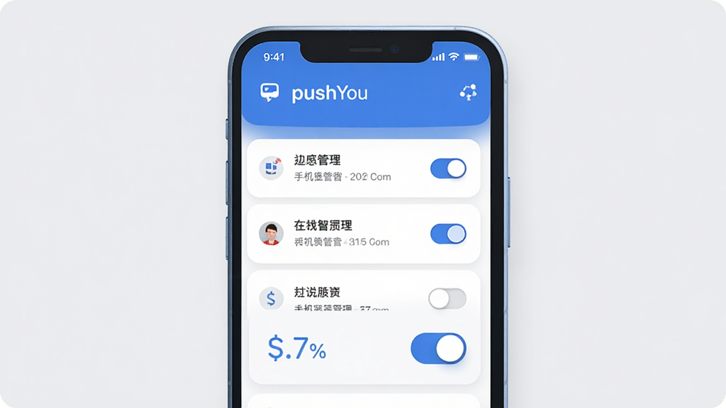 pushYou �ֻ����͹���������չʾ������������һ�����������ֻ�ģ�ͣ���Ļ��ʾ֪ͨ�����б��Ϳ��ذ�ť����ɫ��Ϊ������ɫ������Ϊ�ɾ���ǳ��ɫ������ִ���ƽ��ϸ��Բ�󣬻��������ɾ����޶���Ԫ��