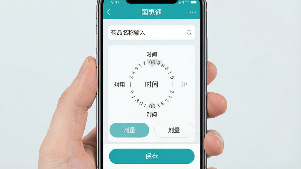 һ��չʾ������ͨ����ҩ���ѹ��ܵ�ͼƬ������Ϊ�ֻ���Ļ����Ļ����ʾ������ͨ��APP����ҩ�������ý��棬����Ϊ������ҩƷ����������м���ʱ��ѡ�����̺ͼ���ѡ��ť���ײ��Ǳ��水ť������Ϊǳɫ����������죬ϸ�����������ʸɾ����޶���Ԫ��