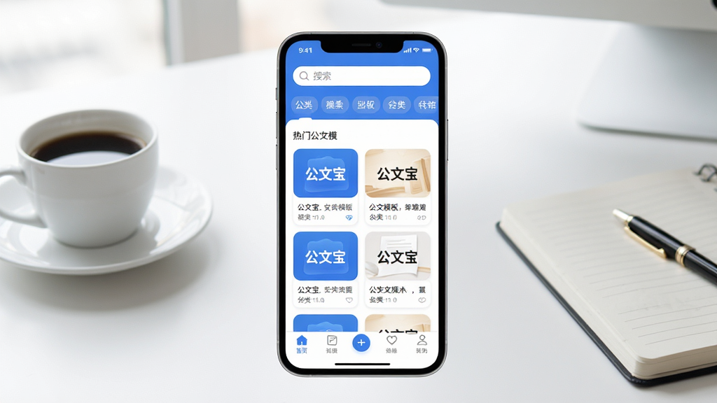 ���ı�Ӧ��������չʾ������������һ�������ֻ�����Ļ��ʾ���ı�APP����ҳ��������������ͷ����ǩ���м������Ź���ģ��Ŀ�Ƭ�б����ײ��ǵ������������Ǽ��İ칫�����棬��һ�����ȺͱʼǱ����������ִ�����ɫ������ɫ�Ͱ�ɫΪ����ͼ��Բ����������������Ϊ�����ı����͸��๫�ķ������ơ����ʸɾ����޶���Ԫ�أ�����������͡�