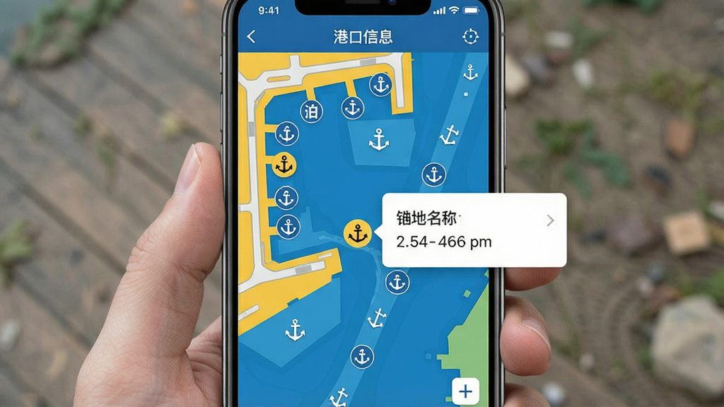 һ��չʾ��������APP�ۿ���Ϣ��ͼƬ��������һ���ֻ�������ʾ����Ļ����һ�Ÿۿ�����ĵ��Ӻ�ͼ����ͼ���ò�ͬͼ���ע�˲�λ��ê�غͺ��������ĳ��ê��ͼ��󵯳���Ϣ��Ƭ����ʾê�����ƺ����ꡣ����������ֱ�ۣ���ɫ����ɫ�ͻ�ɫΪ�������ʸɾ����޶���Ԫ��