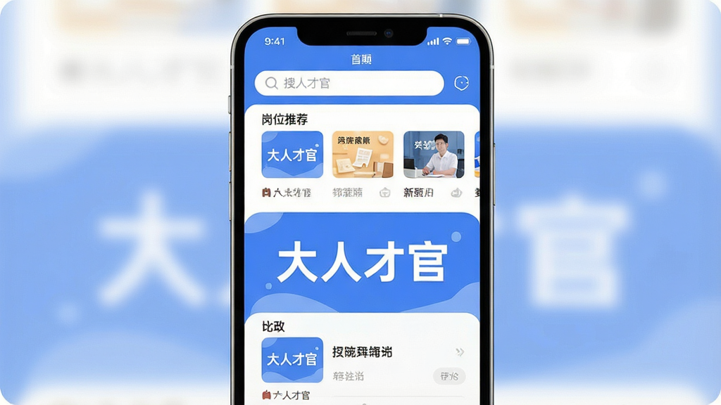 һ���ֻ�Ӧ�ý���չʾͼ�������������ֻ���Ļ����Ļ����ʾ�����˲Ź١�Ӧ����ҳ�������Ϸ���������͸�λ�Ƽ��б����м�����Ŀ�ġ����˲Ź١����ֱ�ʶ���Ű�������������ִ���ƽ����ϸ��Բ�󣬻��ʸɾ��������޶���Ԫ��