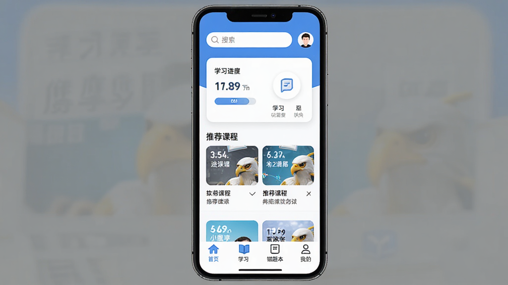 Сӥ��ѧ ����������ȫò���ֻ���Ļ��ʾѧϰ��ҳ����������������û�ͷ���м���ѧϰ���ȿ�Ƭ���Ƽ��γ̣��ײ�Ϊ��ҳ��ѧϰ�����Ȿ���ҵ��ĸ�������������������ɫ��Ϊ���������ˬ��࣬���ʸɾ��޶���Ԫ��