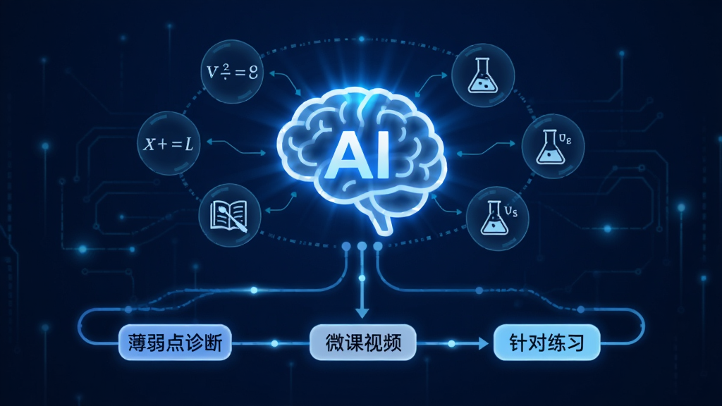 AI���ܾ�׼ѧ����չʾ������������һ�������AI����ͼ�꣬��Χ��������ѧ����������ѧ��ѧ�Ʒ��ţ������·�������һ��ѧϰ·����·���ϱ�ע�š���������ϡ�����΢����Ƶ�����������ϰ���ȱ�ǩ������Ϊ����ɫ�Ƽ��з�񣬻��������ɾ����޶���Ԫ��
