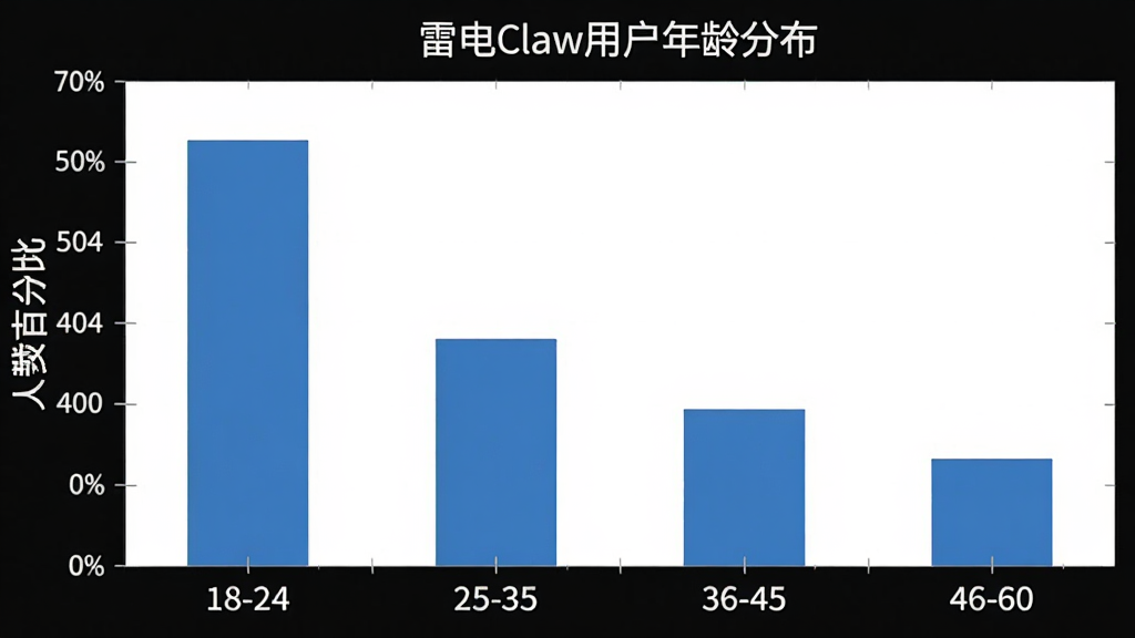 һ����״ͼ��չʾ��ͬ������û�ʹ�á��׵�Claw��������ռ�ȣ������������18-24��25-35��36-45��46-60�������������ٷֱȣ�������ɫΪ��ɫ��ͼ������Ϊ���׵�Claw�û�����ֲ���������࣬��������