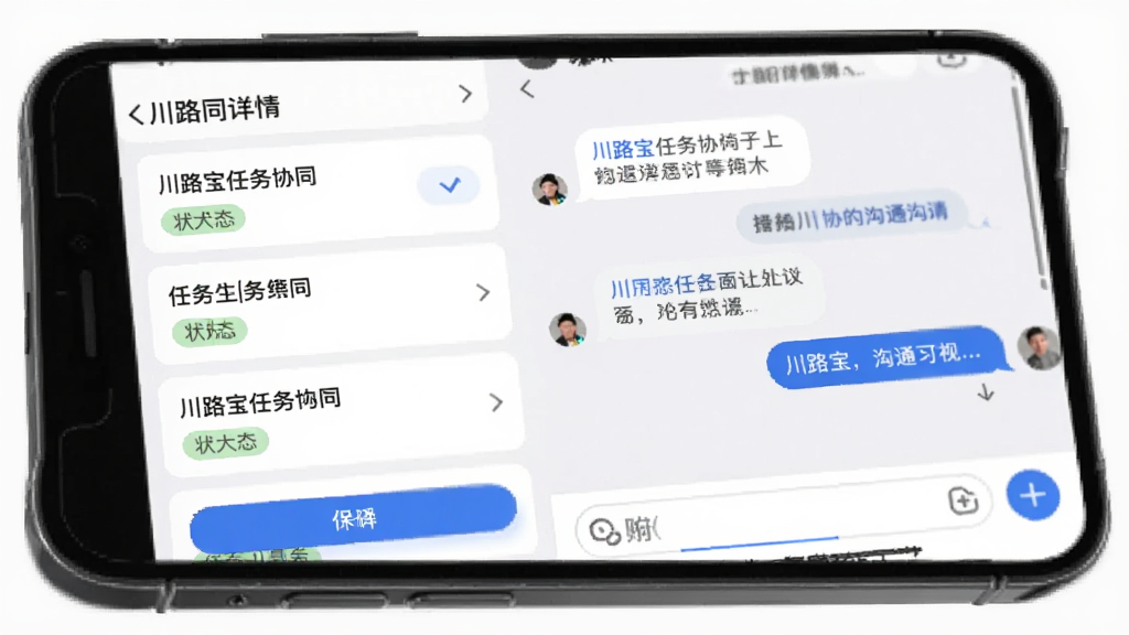 ��·������Эͬ��ͨ���棬�ֻ���Ļչʾ�����б��ͶԻ����飬�������������״̬��ǩ���Ҳ�����Ϣ���ݶԻ����ײ�������򣬽�����ɫ�԰�ɫ��ǳ��Ϊ������׺��ɫ��ť�������ˬ�ɾ����޶���Ԫ��