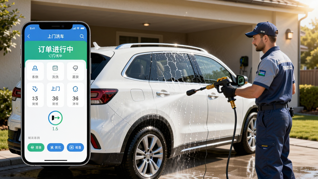 ������ϴ ����ϴ�� APP ������չʾ һ���ɾ��İ�ɫSUVͣ��С��¥�� ����ͳһ��װ��ϴ��ʦ�������ø�ѹˮǹ��ϴ���� �ֻ���Ļ��ʾ���������� �������������ĵ����� ����ִ�дʵ ϸ�ڷḻ �������� �ɾ� �޶���Ԫ��