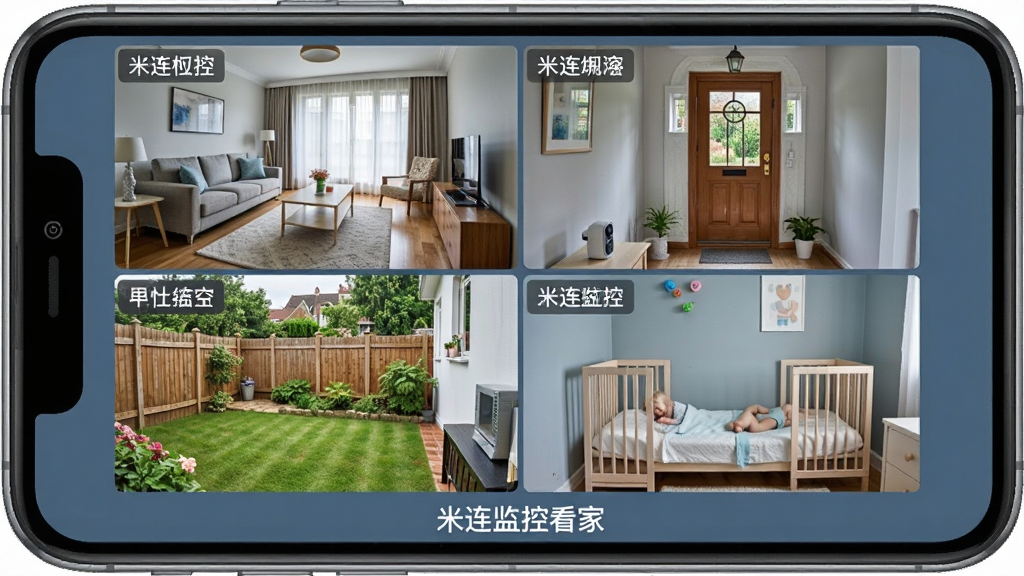 ������ؿ���App��·��ػ���չʾ���ֻ���Ļ�ֳ��ĸ����ӣ��ֱ���ʾ�������ſڡ���Ժ��Ӥ������ʵʱ���棬ÿ����������ע����ͷ���ƣ�����ײ��С�������ؿ��ҡ����֣������Ƽ��У�����ɫ�������������ɾ��޶���Ԫ��
