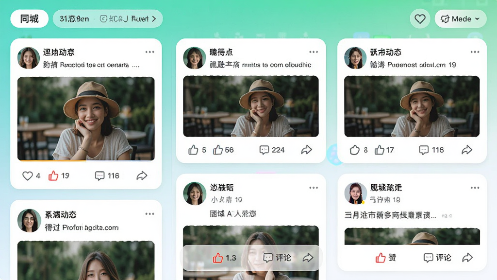 ������Լ��APP�Ķ�̬�㳡���棬������չʾ�ٲ������ֵ��û���̬��Ƭ��ÿ�ſ�Ƭ�����û�ͷ���ǳơ���̬���ֺ���ͼ���ײ��е��޺�����ͼ�꣬������ͬ�Ǳ�ǩ��ɸѡ��ť�����Ϊ�����罻ƽ̨��ɫ��������ϸ�����������ʸɾ����޶���Ԫ��
