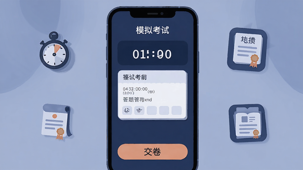 һ�š�����⡱ģ�⿼�Խ���Ĳ廭���ֻ���Ļ��ʾ����ʱ�ʹ��⿨���ײ��С���������ť����Ļ�Ϸ��С�ģ�⿼�ԡ����⣬����Ϊ����ɫ����ģʽ��������������ͳɼ�����Сͼ�꣬�����ȣ����ʸɾ��޶���Ԫ��