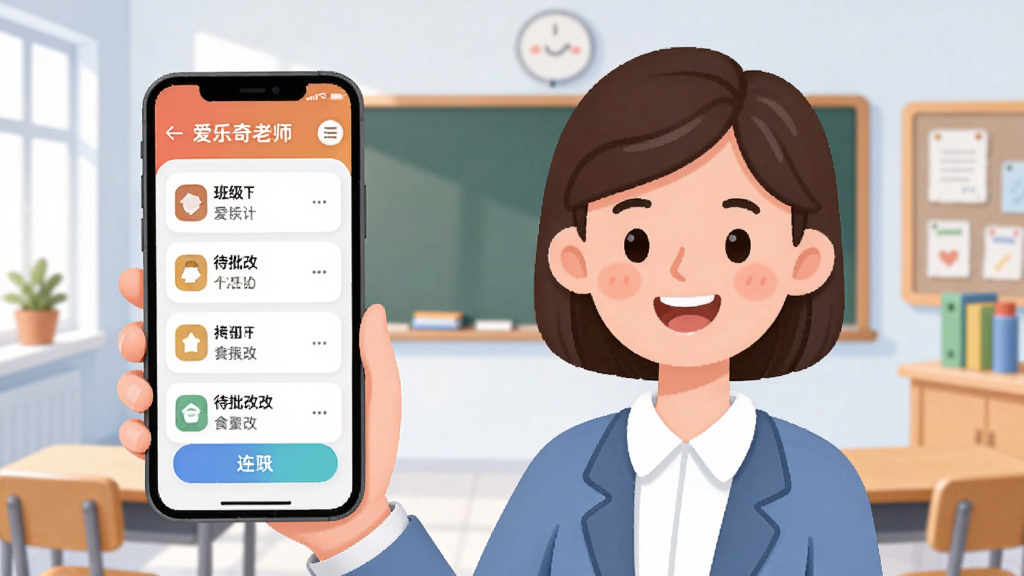 ��������ʦApp������չʾ��һλ����Ů��ʦ�����ֻ�΢Ц���ֻ���Ļ��ʾ�༶�б��ʹ�������ҵ��������������������Ľ��ң���������������ִ���ƽ��ϸ��Բ�󣬻��ʸɾ����޶���Ԫ��