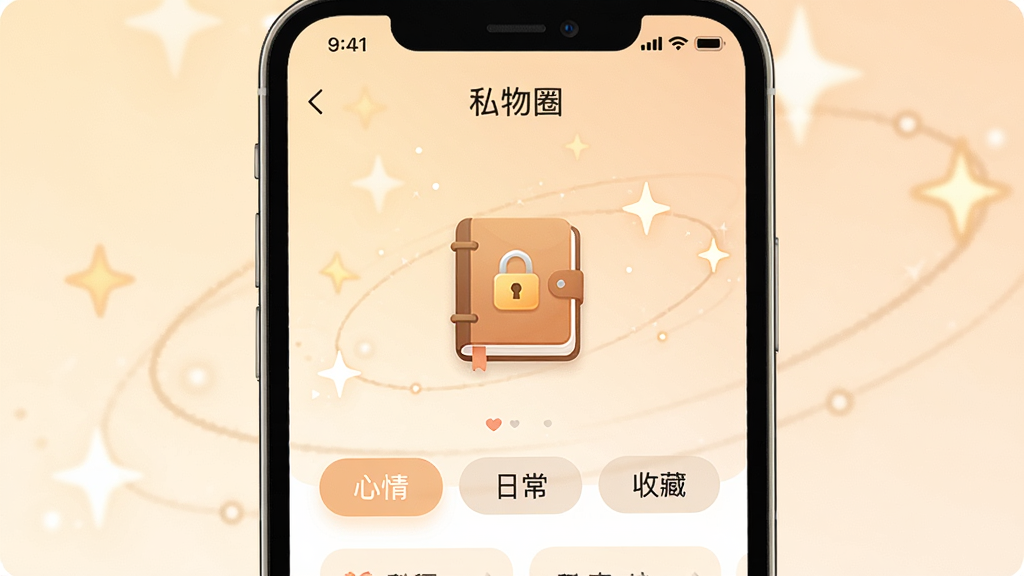 һ���ֻ�Ӧ�ý����ͼ������λ��չʾ��˽��Ȧ��APP�������棬��������͵�ůɫ������������һ���������ռǱ�ͼ��ͼ��������ǩ���硰���顱���ճ������ղء�����Χ�����ŵ������ǹ��׺�������ܰ��Լ�����ʸɾ��������޶���Ԫ��
